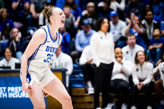 Toby Fournier reacts after a play during a Duke women’s basketball game at Cameron Indoor Stadium