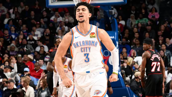 PHILADELPHIA, PA - MARCH 23: Jared McCain #3 of the Oklahoma City Thunder celebrates during the game against the Philadelphia 76ers on March 23, 2026 at the Wells Fargo Center in Philadelphia, Pennsylvania NOTE TO USER: User expressly acknowledges and agrees that, by downloading and/or using this Photograph, user is consenting to the terms and conditions of the Getty Images License Agreement. Mandatory Copyright Notice: Copyright 2026 NBAE (Photo by David Dow/NBAE via Getty Images)