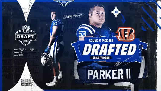 A graphic showing former Duke offensive lineman Brian Parker II was chosen in the sixth round with the 189th overall pick in the 2026 NFL Draft.