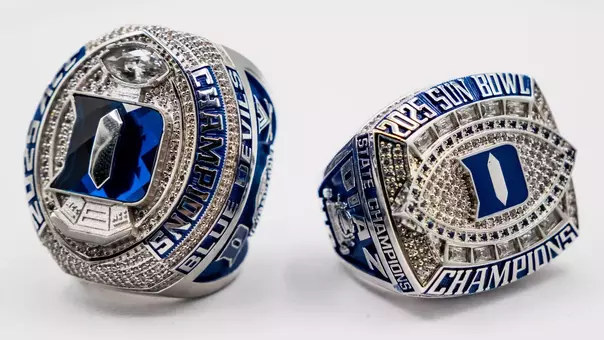 The Duke football team received its hardware from the 2025 season with an ACC Championship and Tony the Tiger Sun Bowl championship ring.