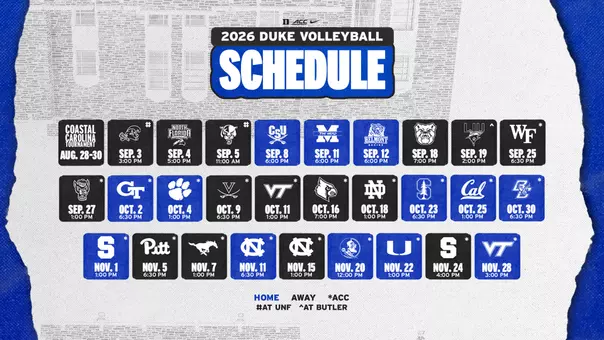 A graphic showing the 2026 Duke volleyball schedule.