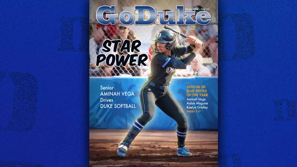 GoDuke The Magazine cover featuring Duke softball player Aminah Vega at bat with headline “Star Power” and highlights of 2025–26 Blue Devils of the Year.