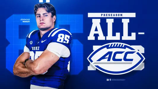 A graphic showing Duke tight end Jeremiah Hasley wearing a blue jersey with his arms crossed and showing he was a 2026 Preseason All-ACC selection.