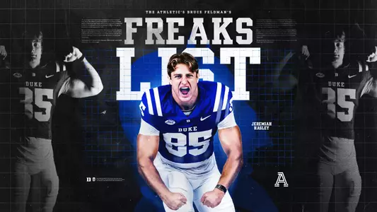 A graphic showing Duke tight end Jeremiah Hasley, wearing a blue jersey and white pants and flexing, as one of Bruce Feldman's 2026 Freaks in The Athletic.