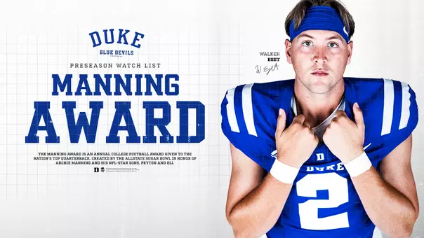 A graphic showing Walker Eget, wearing a blue jersey and white pants, is a member of the Preseason Watch List for the 2026 Manning Award.