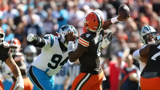 Former Duke defensive tackle Aaron Hall rushes the quarterback against the Cleveland Browns.