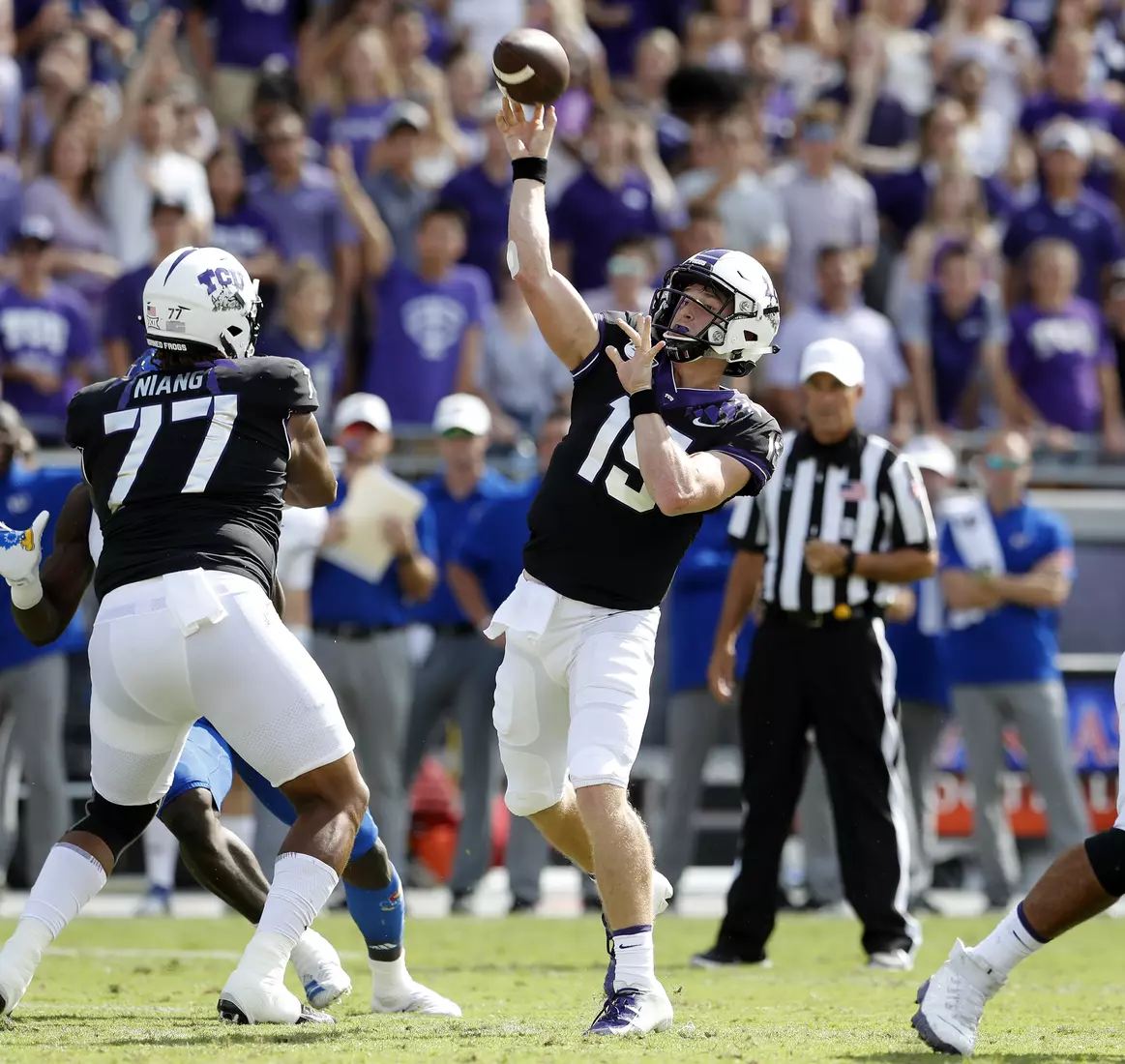 TCU vs Kansas football in Fort Worth, Texas on September 28, 2019. (Photo by Gregg Ellman)