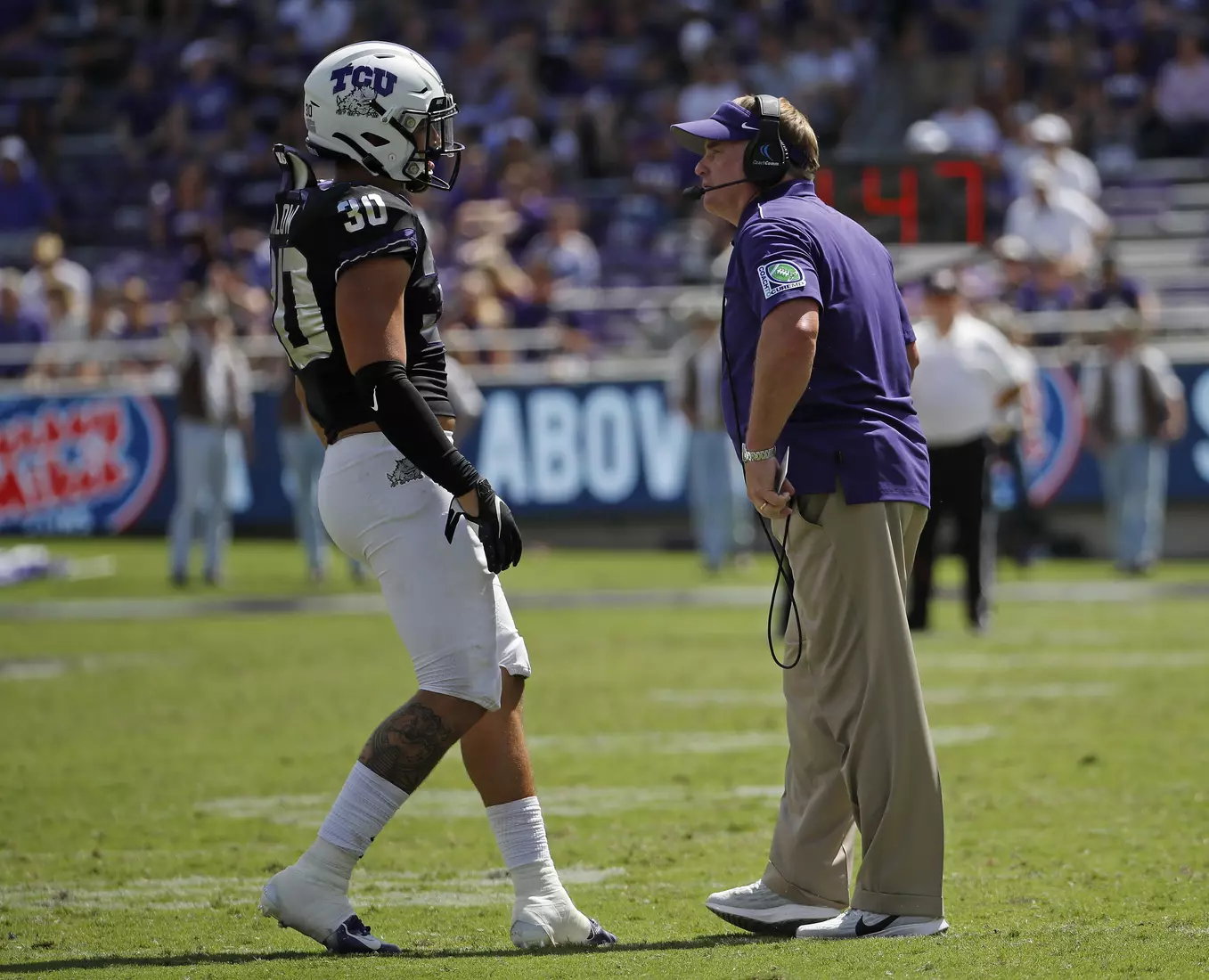 TCU vs Kansas football in Fort Worth, Texas on September 28, 2019. (Photo by Gregg Ellman)