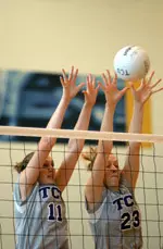 (l-r) Emily Allen and Anna Vaughn helped TCU outblock Memphis tonight.