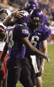 Jeff Ballard (right) celebrates a TCU touchdown with Aaron Brown in the 51-3 win over UNLV