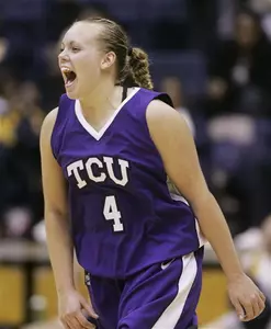 Helena Sverrisdottir celebrates after the Frogs' upset of No. 3 Cal in Berkeley, Calif., Sunday.