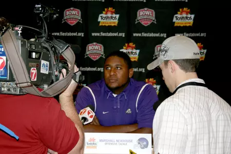 Senior offensive tackle Marshall Newhouse fields questions from Tostitos Fiesta Bowl media members.