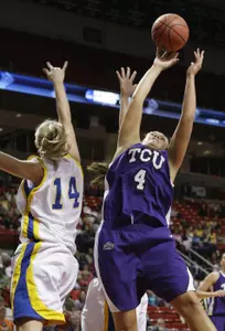 South Dakota State's Kristin Rotert (14) defends TCU Helena Sverrisdottir (4) during the first half of their first-round NCAA women's college basketball tournament game. (AP Photo/Eric Gay)