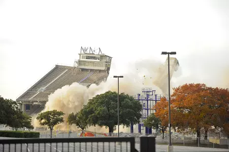 The upper deck and press box of Amon G. Carter Stadium was destroyed in a matter of seconds early Saturday morning.