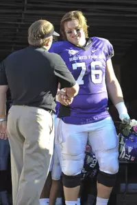 Jake Kirkpatrick and TCU head coach Gary Patterson on Senior Day at the Horned Frogs' final home game this season.