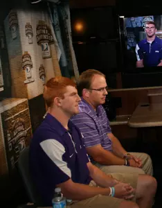 TCU football coach Gary Patterson and quarterback Andy Dalton on ESPN's DIRECTV Bus Wednesday.