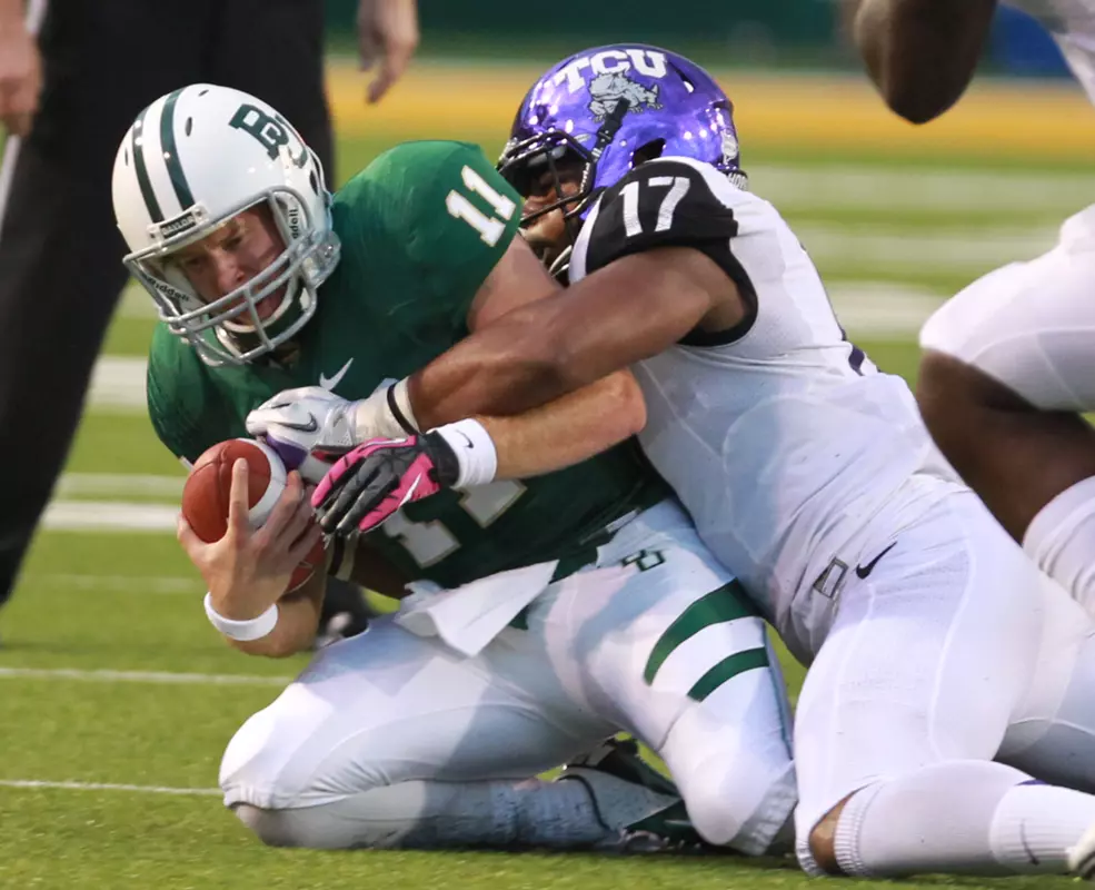 Sam Carter sacks Baylor quarterback Nick Florence. (AP Photo/Waco Tribune Herald, Duane A. Laverty)