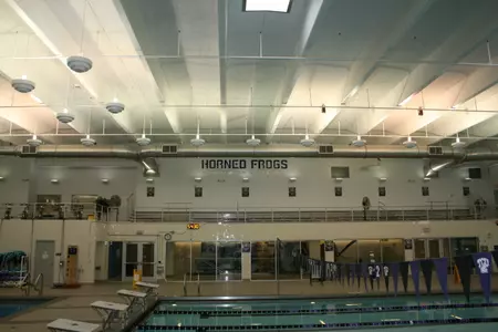 The "Horned Frogs Swimming and Diving" sign in the spectator seating area was one of a number of enhancements to the facility.