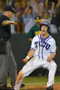 TCU's Cody Jones reacts after scoring the winning run in the 11th inning Friday night against Siena.