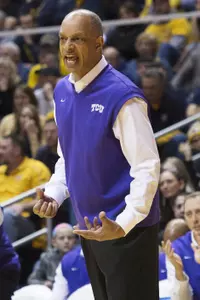 Head coach Trent Johnson reacts to a call during the first half.