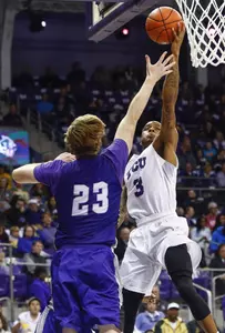 Malique Trent shoots over Abilene Christian Wildcats forward Hayden Howell.