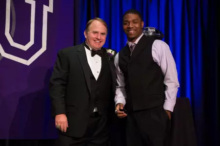 TCU head coach Gary Patterson with Trevone Boykin after presenting him the Dan Rogers MVP Award.