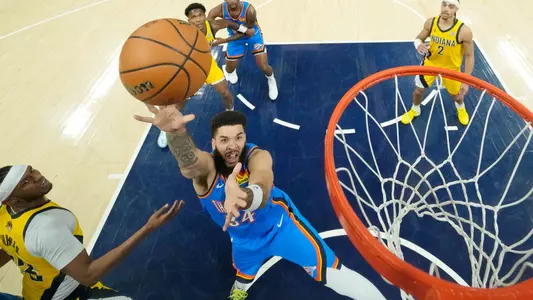 Jun 13, 2025; Indianapolis, Indiana, USA; Oklahoma City Thunder forward Kenrich Williams (34) shoots the ball against the Indiana Pacers during the first half during game four of the 2025 NBA Finals at Gainbridge Fieldhouse. Mandatory Credit: Kyle Terada-Imagn Images