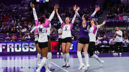 TCU Volleyball celebrates against Texas Tech