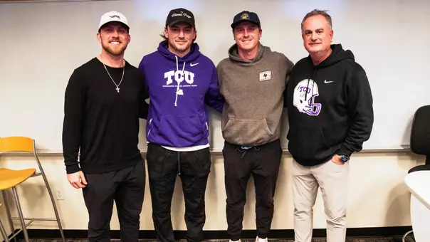 Sonny Dykes with Shane Buchele, Ken Seals, and Max Duggan