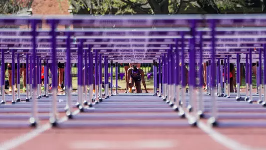 TCU's Amari Kiluvia getting ready to run the 100m hurdles