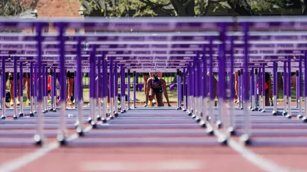TCU's Amari Kiluvia getting ready to run the 100m hurdles