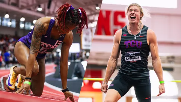 Photo split with sprinter Indya Mayberry in the starting blocks on the left and heptathlete Yannik Knobloch celebrating on the right