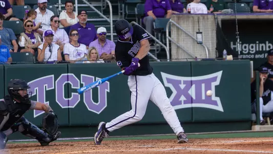 Brady Dallimore swings at pitch in a game against Lamar.