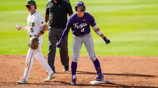 Preston Gamster celebrates an RBI-double on second base in a win over Baylor.
