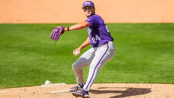 Tanner Sagouspe throws a pitch in the ninth inning against Baylor.