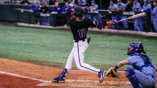 Sawyer Strosnider hits the first of his two home runs in the game.