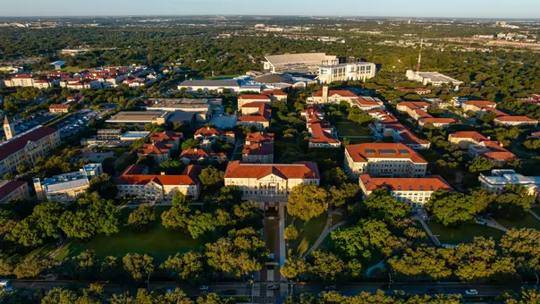 Drone shot of TCU's campus with Amon G. Carter stadium shown in the back.
