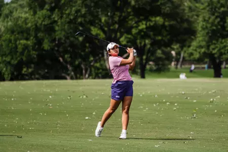 Kirstin Angosta tracks her ball after making contact with a 3-wood during the NCAA Waco Regional.