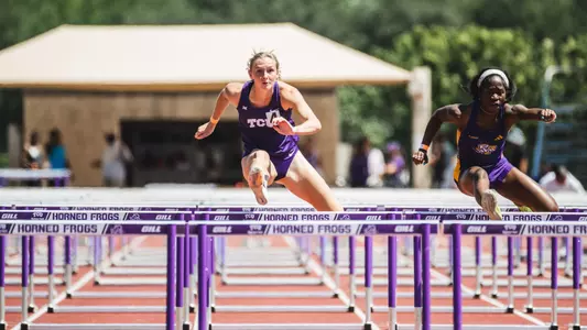TCU track and field's Elise Dobson racing the 100m hurdles at the Horned Frog Invitational