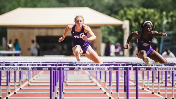 TCU track and field's Elise Dobson racing the 100m hurdles at the Horned Frog Invitational