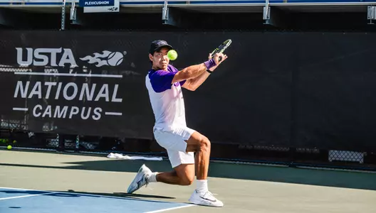 Duncan Chan makes eye contact with a tennis ball as he prepares to hit a slice