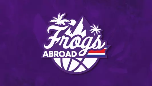Frogs Abroad Graphic with logo and purple background