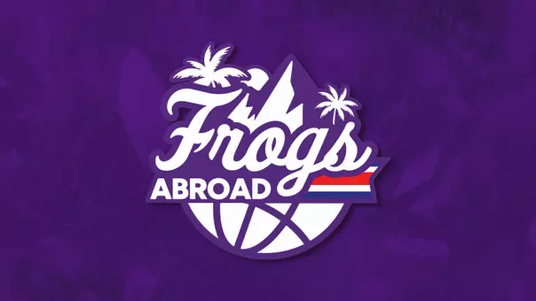 Frogs Abroad Graphic with logo and purple background