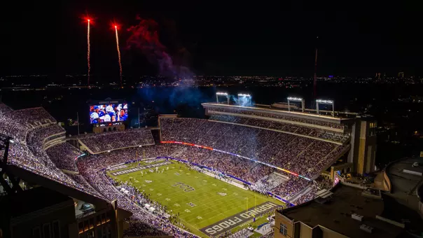Ariel shot of Amon G. Carter Stadium with fireworks going off