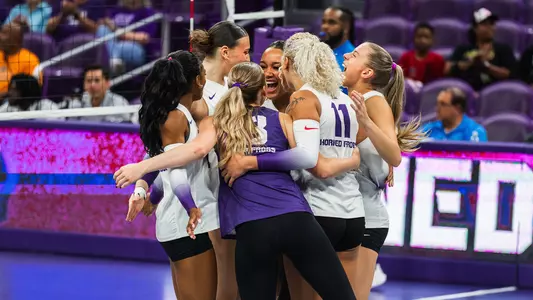 TCU Volleyball hugs and celebrates vs. UTEP