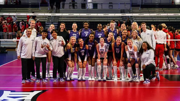 TCU Volleyball team photo after their win at Cincinnati