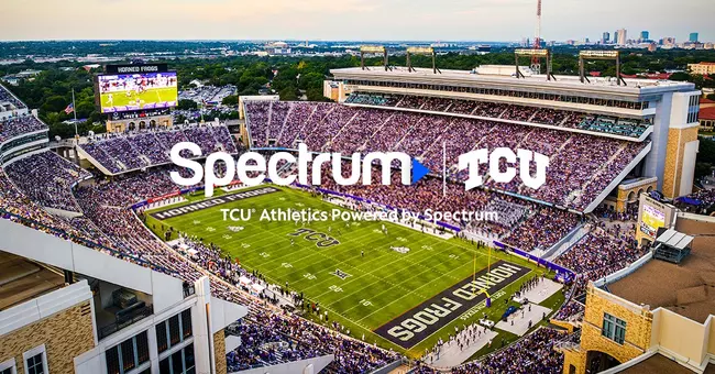 A picture of Amon G Carter Stadium with Spectrum and TCU logos overlaid.