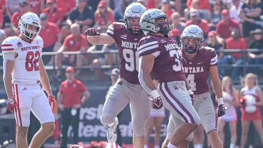 Marcus Welnel #37 of the Montana Grizzlies celebrates a sack on the fourth quarter of a college football game against the University of South Dakota Coyotes at Washington-Grizzly Stadium on September 10, 2022 in Missoula, Montana. Montana beat South Dakota 24-7.