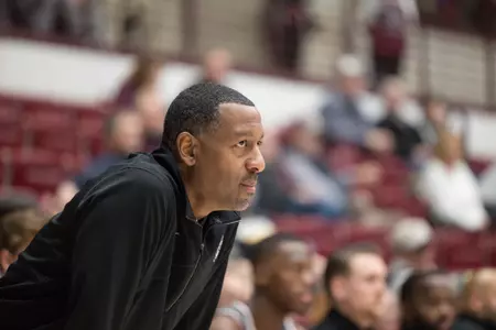Montana head coach Travis DeCuire during a college basketball game against the Merrimack Warriors at Dahlberg Arena on November 18, 2022 in Missoula, Montana.