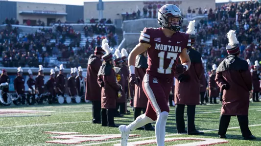 Robby Hauck #17 of the Montana Grizzlies is introduced to the crowd before playing the Eastern Washington Eagles at Washington-Grizzly Stadium on Saturday, Nov. 12, 2022.